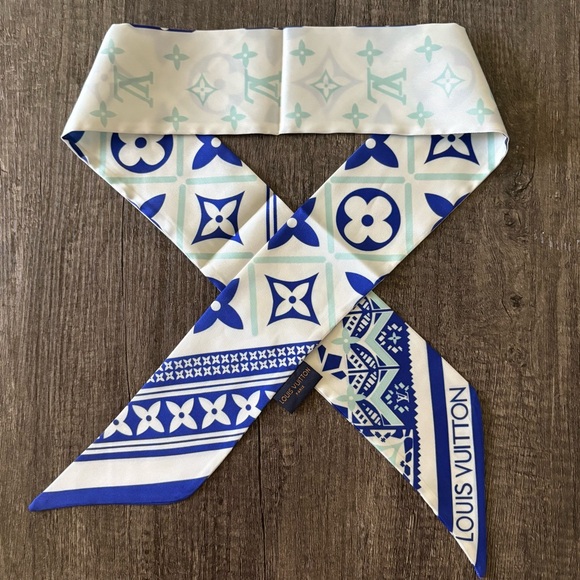 Louis Vuitton Blue White Silk Scarf Twilly Wrap Designer Style - Picture 1 of 6